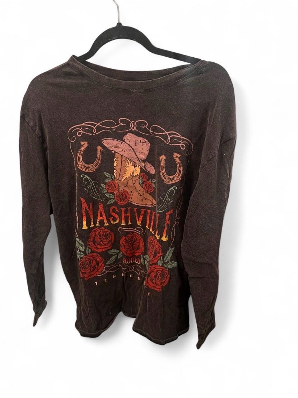 Nashville Graphic Long Sleeve Tee - Brown with Red Rose Print